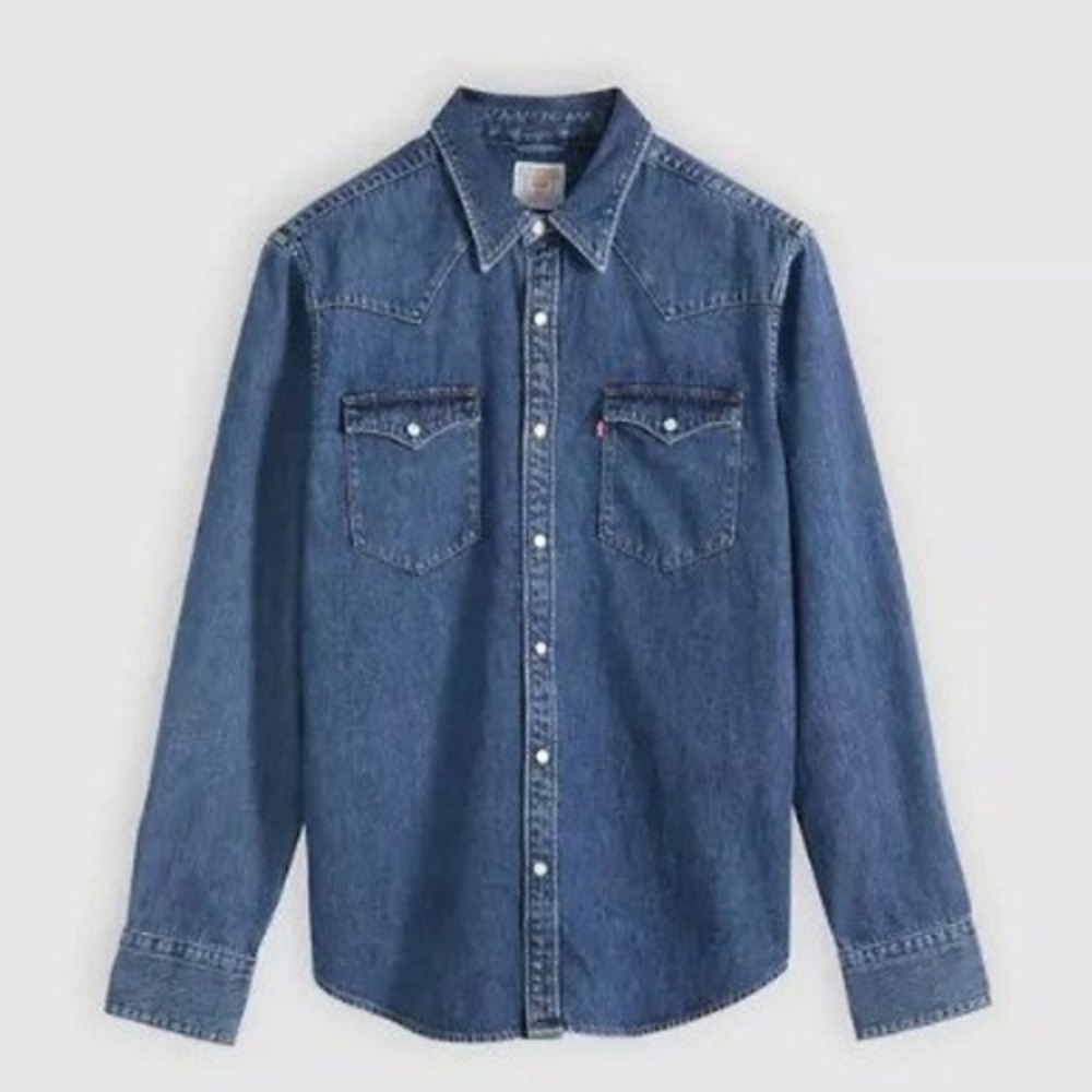Levis Barstow Denim Shirt Western Pearl Snap Button Down Standard Workwear Men M